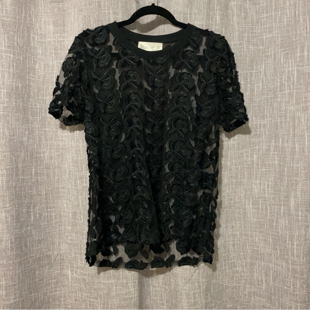 J.O.A. Black Floral Lace Short Sleeve Top, M